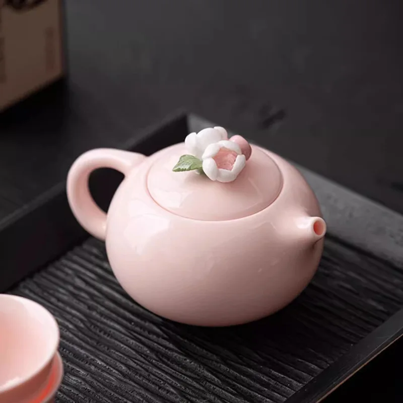 Pink mud Xishi teapot Kung Fu tea set Single household hand-pinched flower large ceramic girl tea single pot