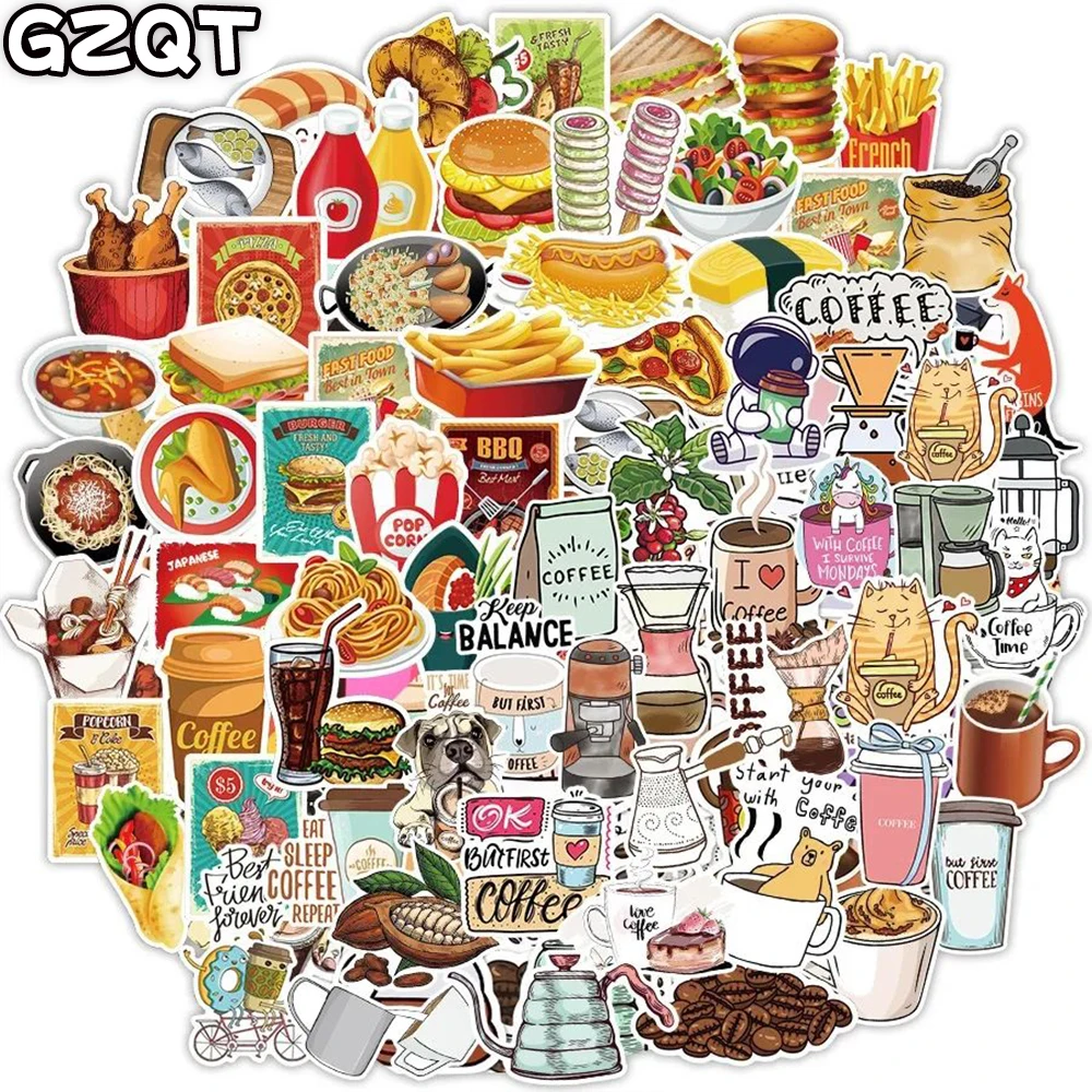 10/100 Vintage Coffee Food Stickers for Laptop Fridge Cup Phone Car Bicycle Guitar Cartoon Cute Drinks Sticker Waterproof Decals food pantry sticker removable waterproof food containers sticker practical kitchen fridge labels