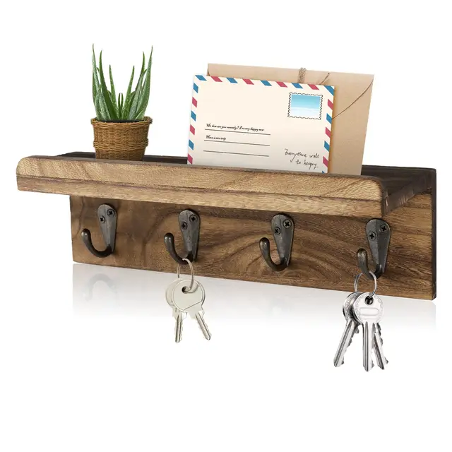 Porte-clés en bois rustique pour mur, étagère murale de ferme, décoration de maison, étagère flottante murale avec 4 crochets 1