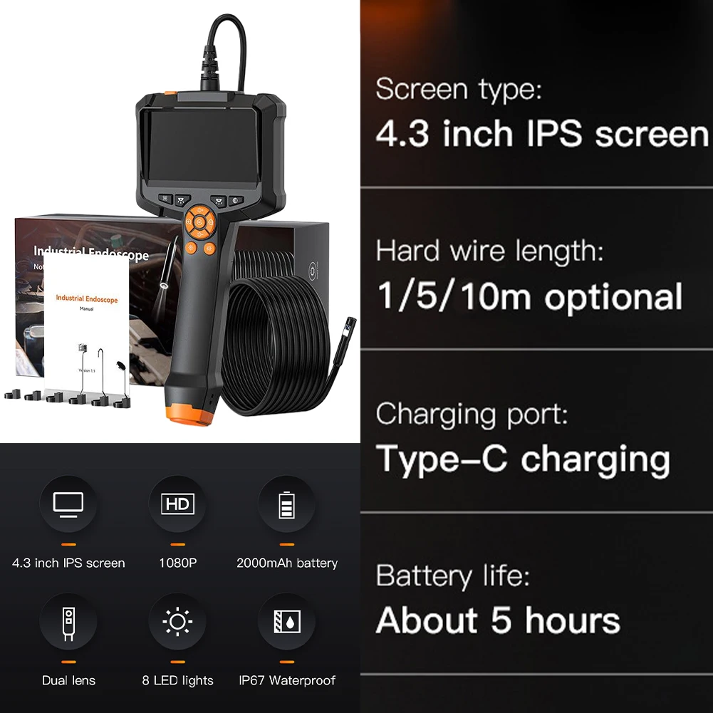 4.3인치 IPS 화면이 있는 휴대용 차량 테스터, 휴대용 파이프라인 카메라, 타입-C 충전식 배관 하수구 카메라 (실린더 배수관용)