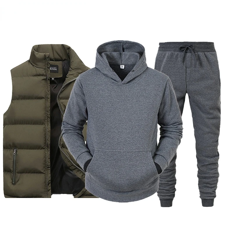 Men Tracksuit Vest + Hooded Sweatshirt + Pants 3 Piece Set Spring Autumn Solid Color Casual Fashion Streetwear Male Sportswear