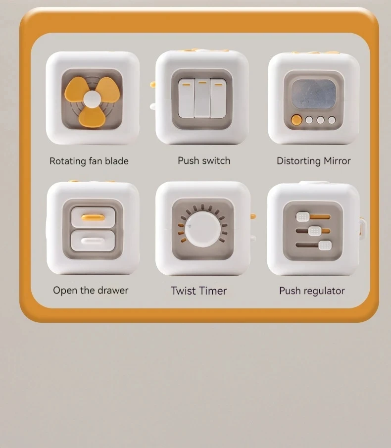 Detail interaktívnych prvkov na Montessori kocke