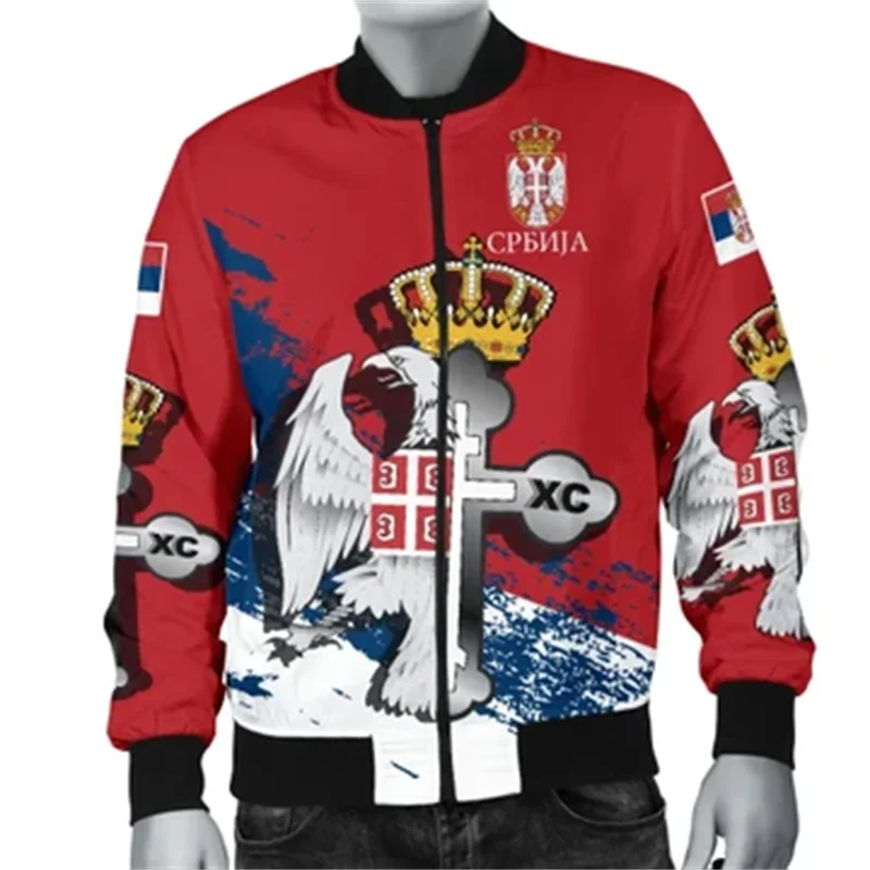 

Serbia Flag Men's Plus Size 3D Jacket Sportswear Spring Stand-up Collar Zipper Coat Sweater Baseball Jacket Men's Clothing
