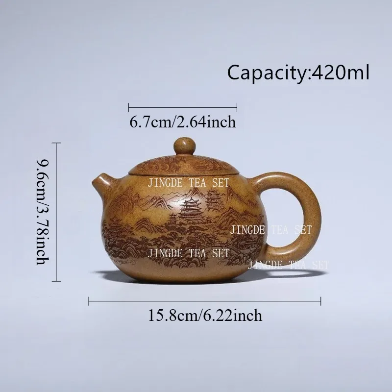 420ml Chinese Yixing Handmade Purple Clay Teapot Hand-carved Landscape Xishi Tea Pot Beauty Kettle Household Zisha Tea Set