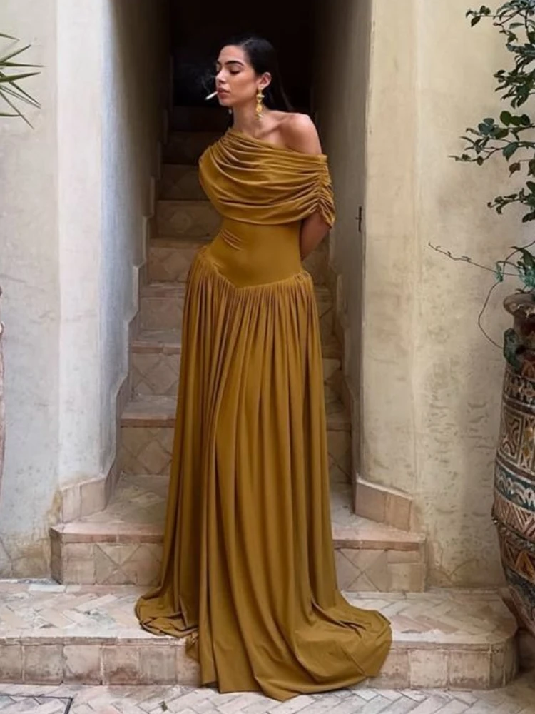 Retro One Shoulder Ruched Elegant Maxi Dress Women Sexy Half Sleeve Draped Party Dresses Lady Chic Holidays Evening Dress 2025