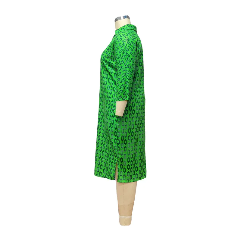 Spring Summer Clothes for Women Geometric Print Fashion Turn-down Collar Half Sleeve Loose Pockets Plus Size Casual Midi Dresses