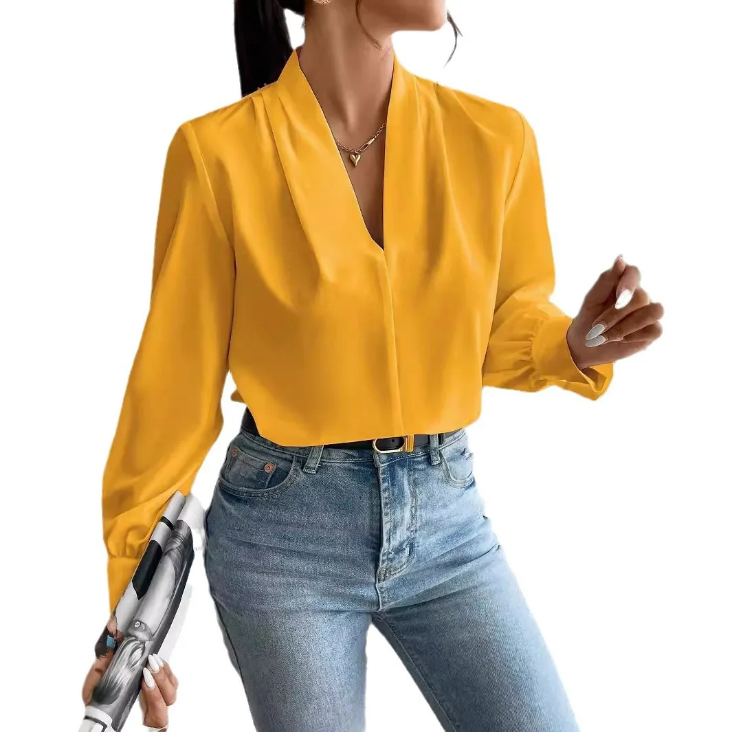 Women Long Sleeve V Neck Slim Fit Blouse for Autumn Workwear