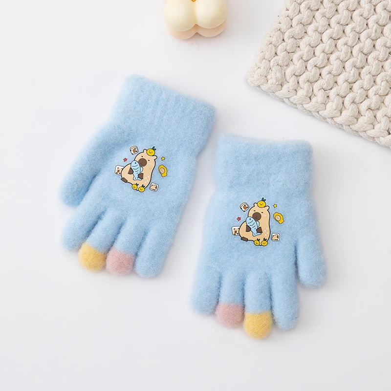 2-5 Years Baby Girls Boys Gloves Winter Cute Cartoon Capybara Full Finger Mittens Children Outdoor Playing Warm Soft Kids Gloves