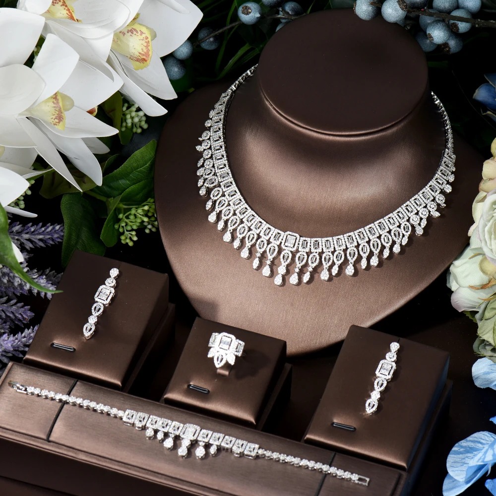 

HIBRIDE Nigeria 4PCS Bridal Zirconia Jewelry Sets For Women Party Dubai Nigeria CZ Water Drop Crystal Wedding Jewelry N-1184