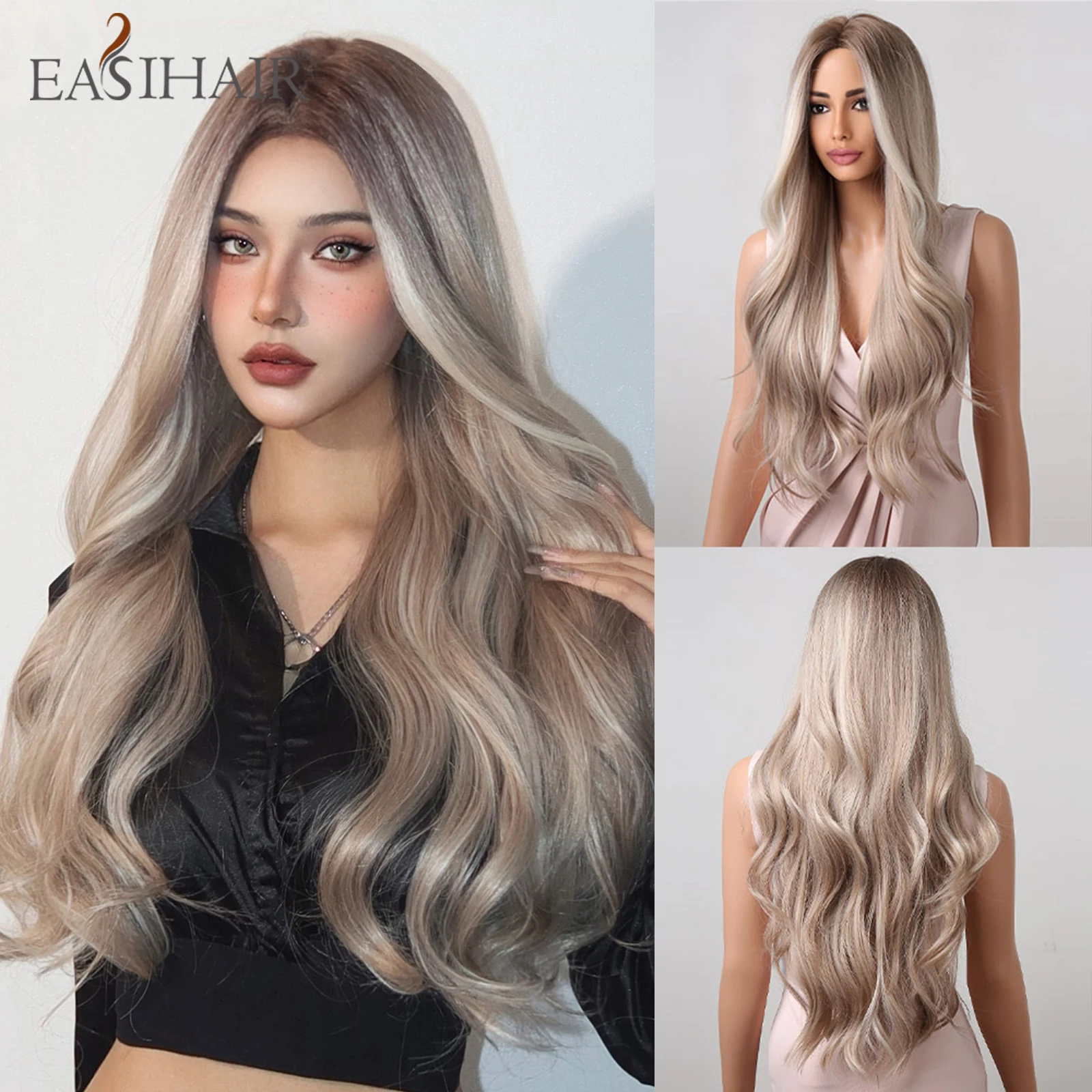 

EASIHAIR Platinum Blonde Ombre Synthetic Wigs Long Water Wave Middle Part Natural Hair Wig for Women Cosplay Heat Resistant Wigs