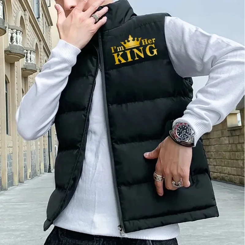 

I'm Her King Printed Men Sleeveless Jacket Fashion Casual Stand Collar Zipper Autumn Winter Stand-up Collar Casual Male Vest