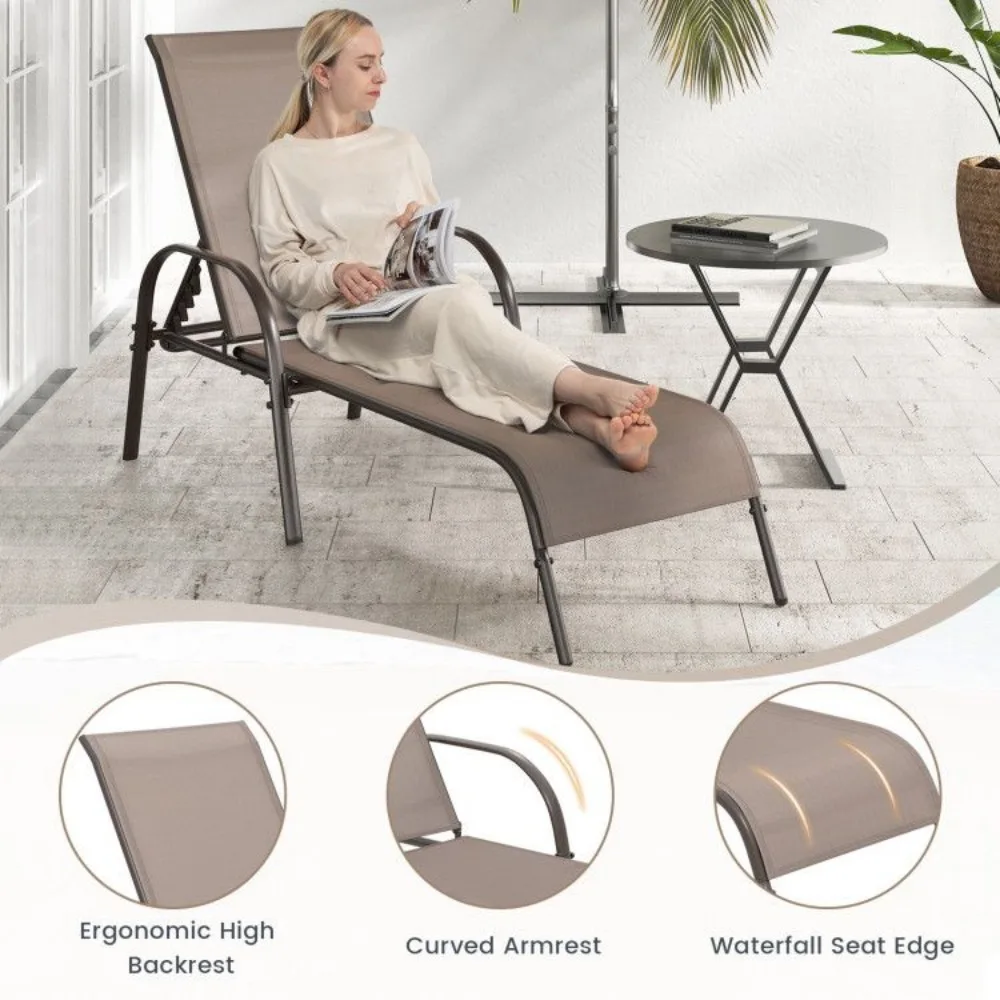 2 Pieces Outdoor Patio Lounge Chair Chaise Fabric with Adjustable Reclining Armrest, Adjustable Outdoor Chaise 6