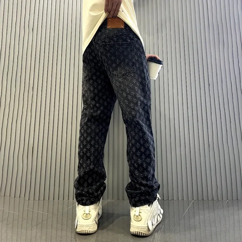 Men Jeans Jacquard Pattern Straight Fitting Wide Distressed Bottoms