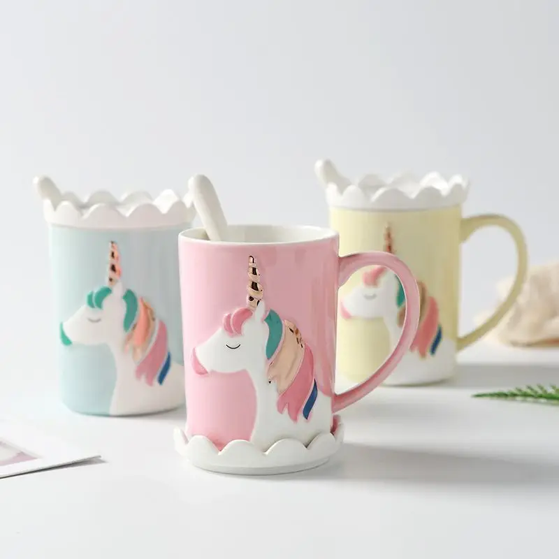 Einhorn Nordic Kaffeetasse, Trinkwasserbecher mit Deckel und Löffel, kreativer Roman, süßes Weihnachtsgeschenk für Frauen, Mädchen, 400 ml – Detail 1