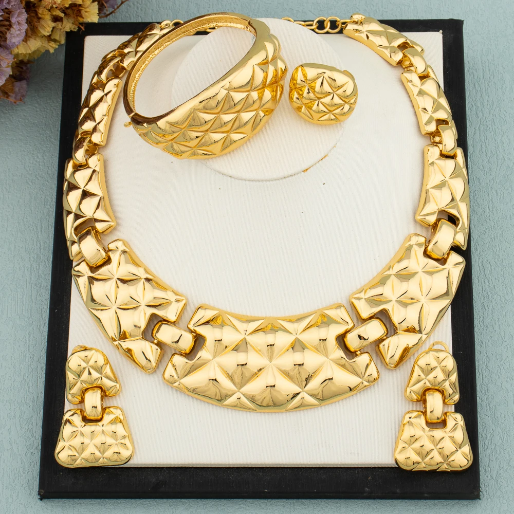 

Brazil Gold Color Jewelry Set For Women Dubai Fashion Chunky Necklace Earrings Big Circle Collar Jewelry Bride Wedding Party