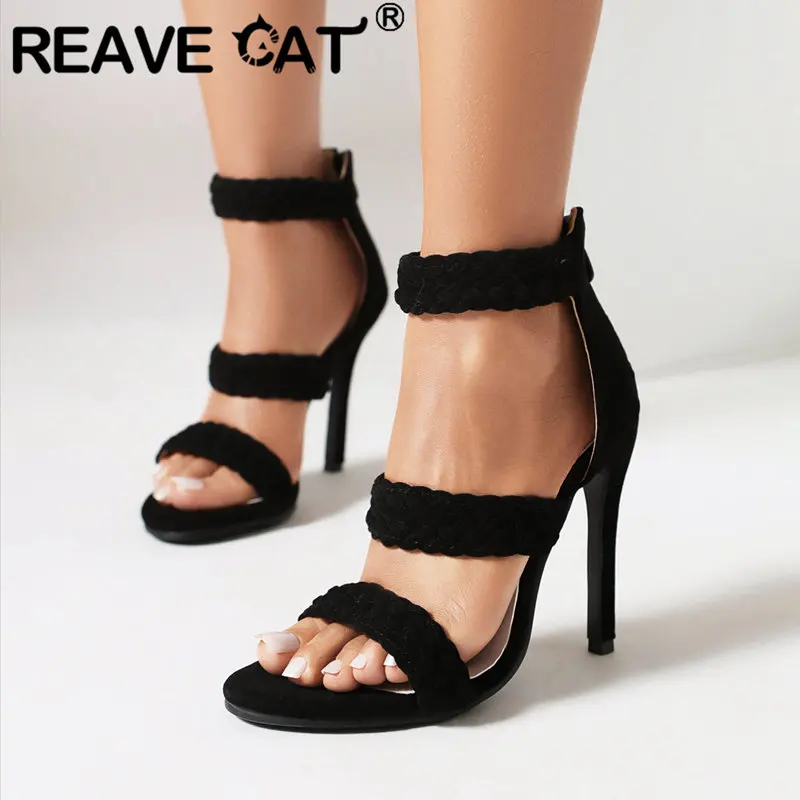 

REAVE CAT Female Sandals Peep Toe Thin High Heels 11cm Flock Suede Zipper Knitting Sexy Party Women Shoes Plus Size 45 46 47 48