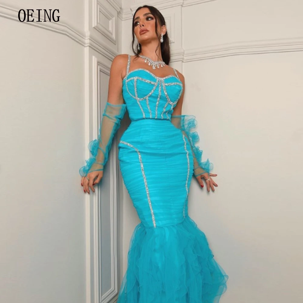 OEING Sky Blue Sweetheart Luxury Dubai Evening Prom Gown Spaghetti Straps Vestidos De Fiesta Corte Sirena Ankle Length 2024