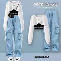 Spring and Autumn Set Women's 2024 Korean Loose Fashion Top Casual Work Pants Age Reducing Three Piece Set 2