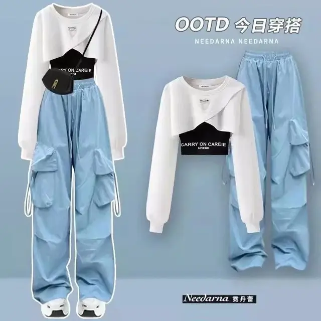 Spring and Autumn Set Women's 2024 Korean Loose Fashion Top Casual Work Pants Age Reducing Three Piece Set 2