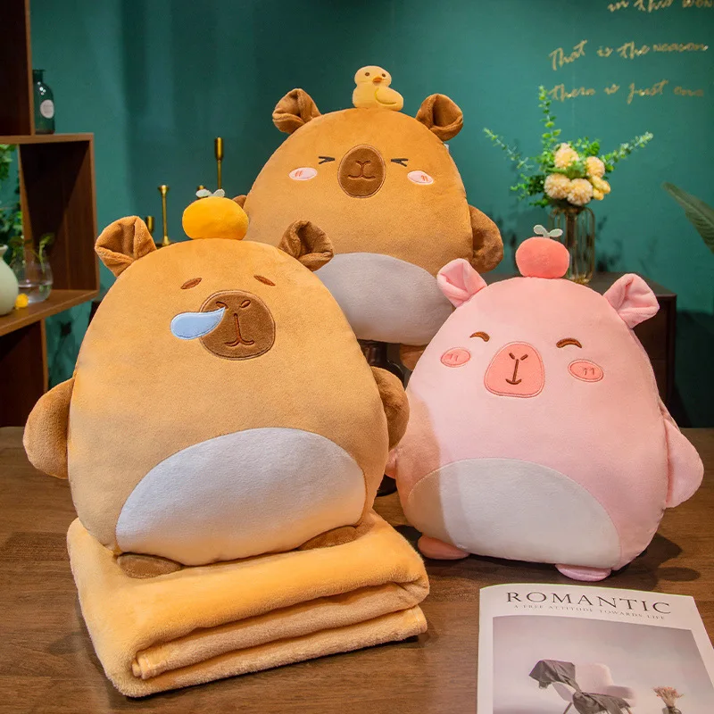40x40cm Kawaii Capybara Plush Pillow with Holes with Blanket Warm Hands Brown Orange Duck Pink Apple Cushion Plushie Decor Gift 4