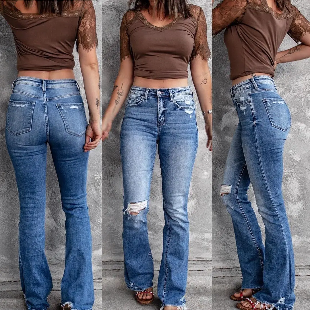 

2023 New Pencil Pants Ripped Slim Fit High Waist Vintage Streetwear Casual Fashion Stretch Blue Bootcut Jeans Woman