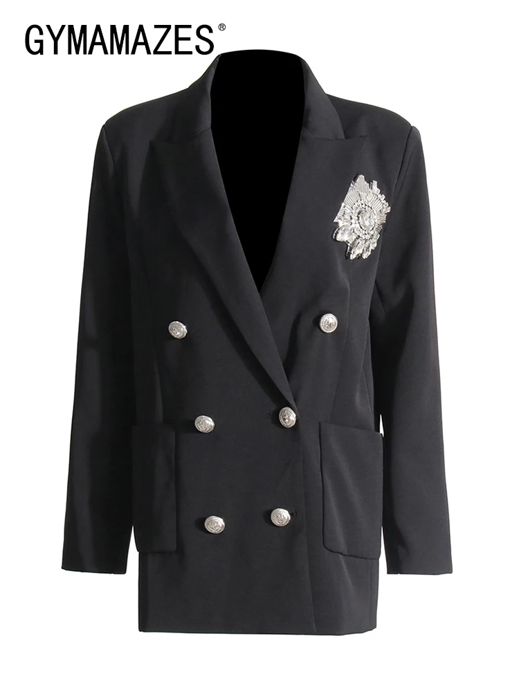 

GYMAMAZES patchwork double breasted blazers for women notched collar long sleeve slim solid blazer female fashion clothing nre