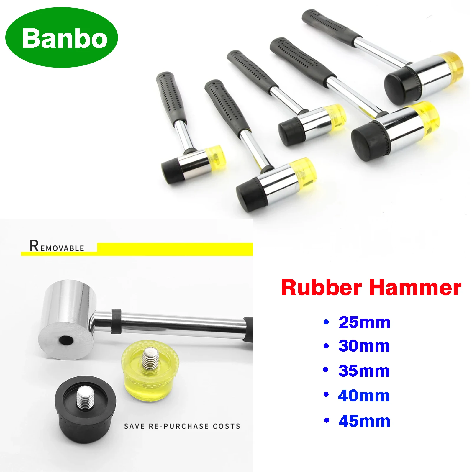 

Double Face Tap Rubber Hammer 25mm 30mm 35mm 40mm 45mm Multifunctional Glazing Window Beads Hammers Nylon Head Rubber Mallet