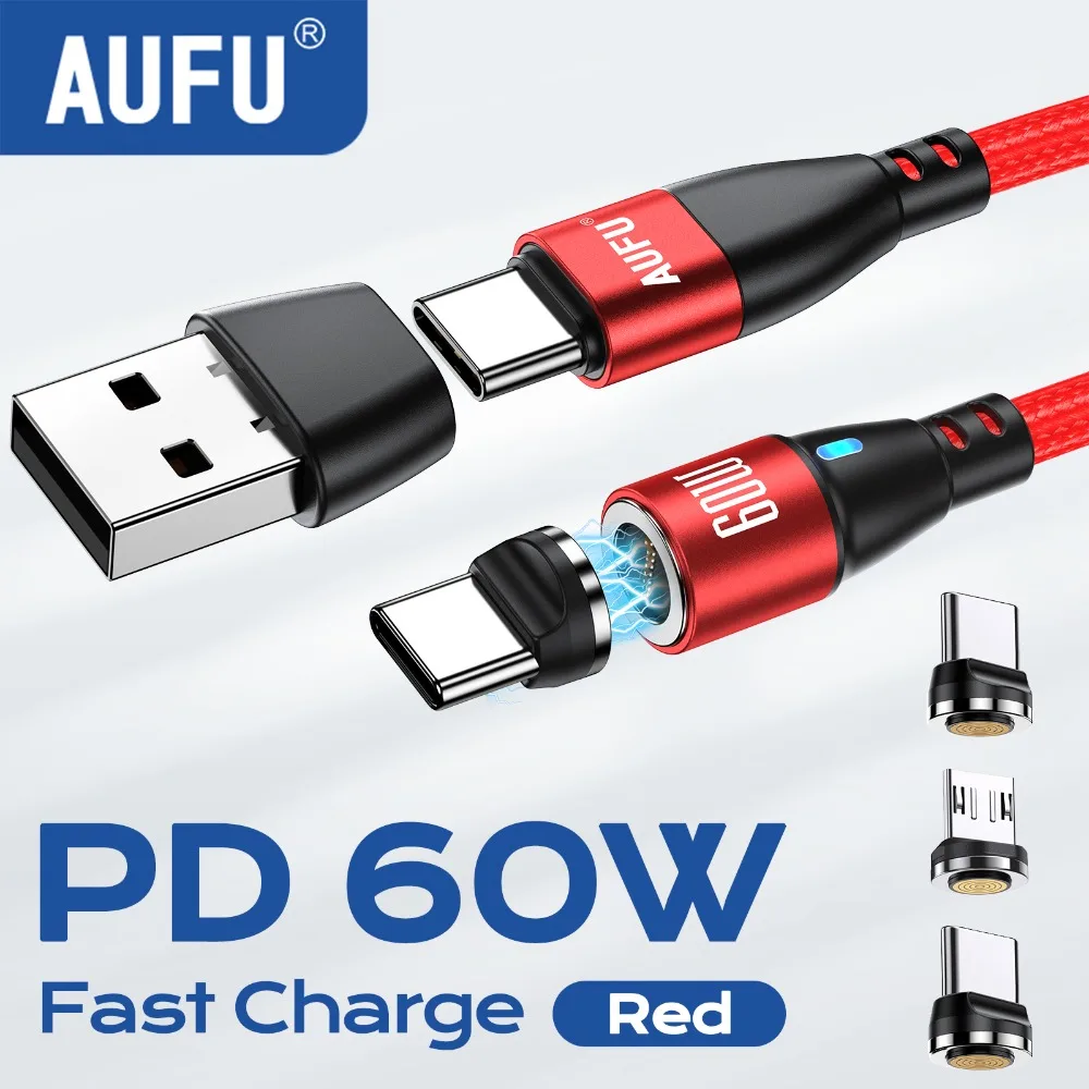 AUFU 9핀 USB C 마그네틱 충전 케이블 PD 60W 고속 충전 USBC ..