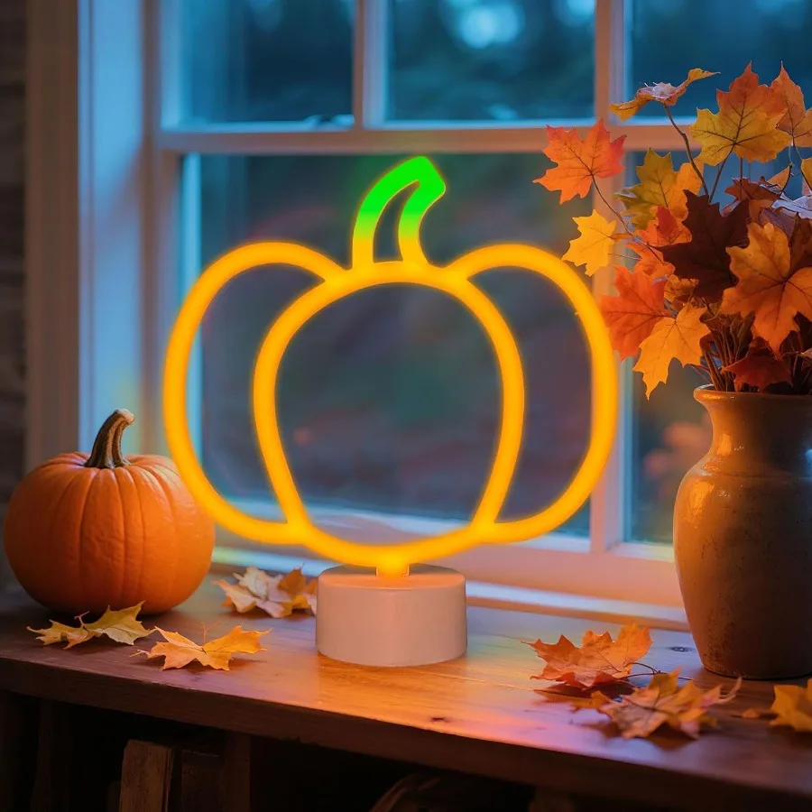 2 Pieces Pumpkin Neon Sign with Base for Fall and Halloween Decor Battery Operated LED Lights for Autumn Table Centerpiece Cute