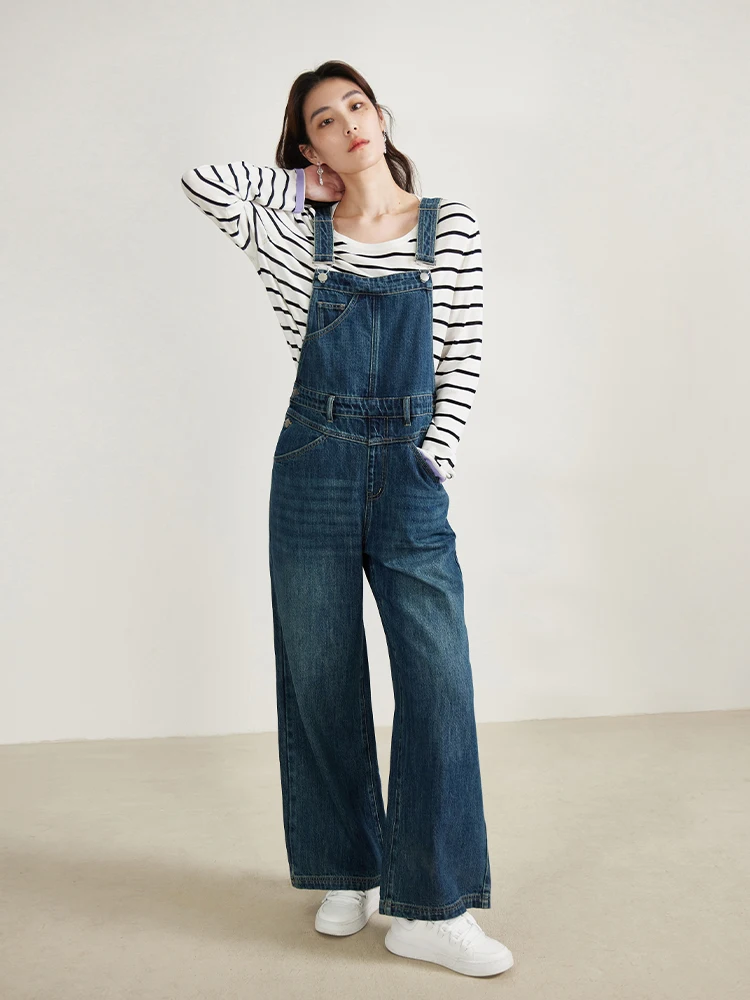 DUSHU 92.6% Cotton Women Wide Leg Trouser Overalls 2024 Spring Casual Dark Denim Blue Long Suspender skirt 24DS81010 24DS81185 elegant sweet design niche flower slim fit sheath denim skirt women overalls pocket hot girl a line mini skirt female skirts