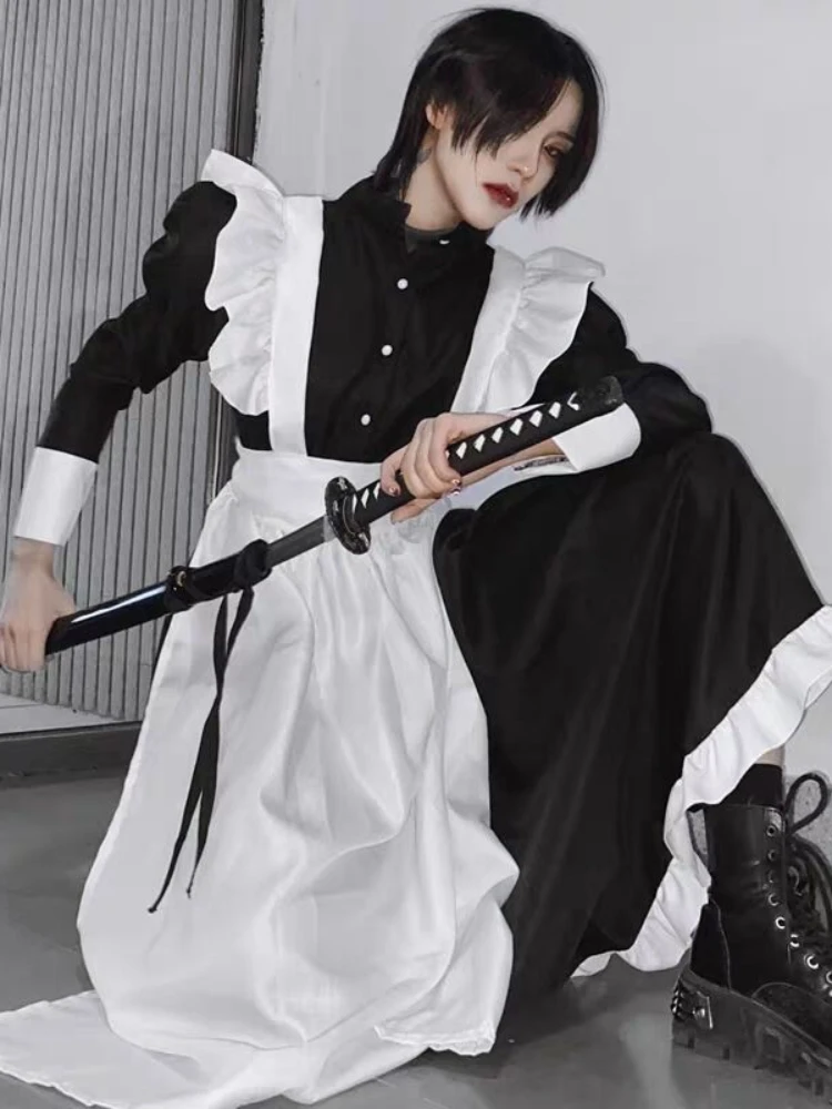 CP5XL Vintage Black White Maid Lolita Outfit Anime Theme Cafe Workwear Cosplay Waitress Costumes Bow Ties Chemise Babydoll Cloth for lolita dress lolita cosplay costumes
