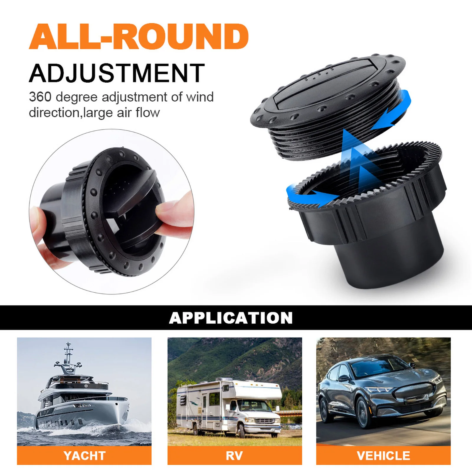 65MM 자동차 대시 보드 에어컨 통풍구 범용 2.55 인치 손잡이 유형 회전 공기 배출구 버스 RV 캠핑카 ATV A/C