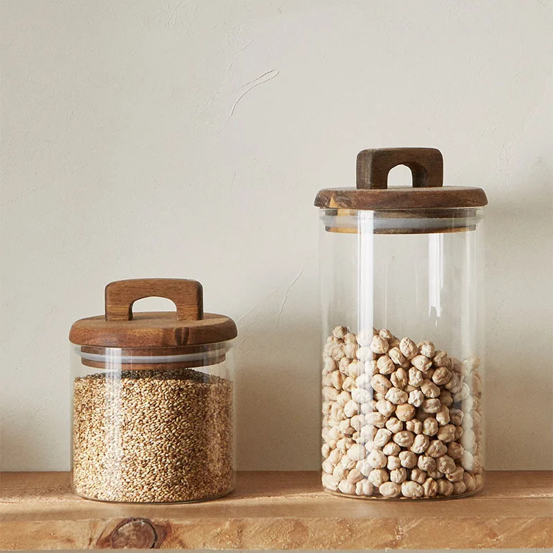 Glass Food storage tank 650/1100/1800ml With Wooden lid Kitchen Coffee beans Candy Tea Grains Canister Home Snacks storage jar glass storage tank glass storage jar glass storage container