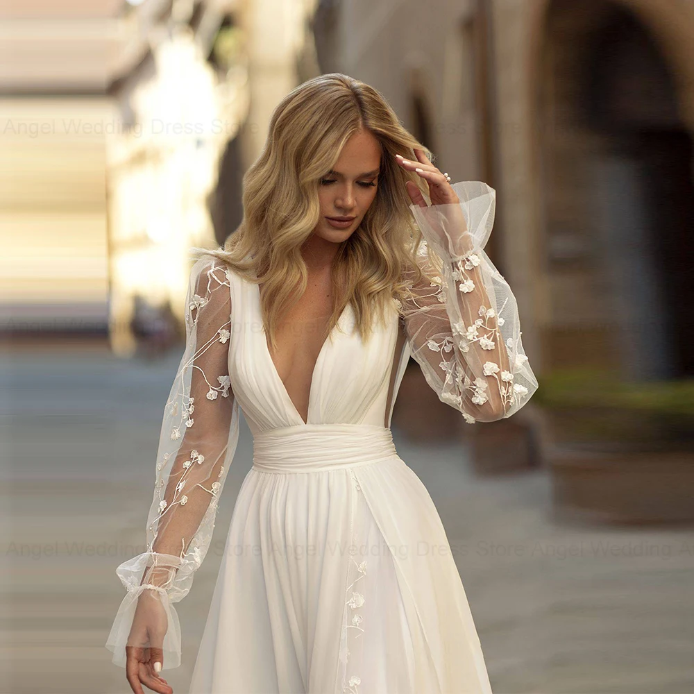 Elegant A-Line Wedding Dresses Deep V-Neck Long Sleeved High Slite Bridal Gowns | eBay Elegant A-Line Wedding Dresses Deep V-Neck Long Sleeved High Slite Bridal Gowns | eBay