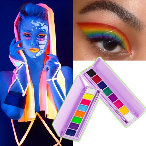 물 활성화 아이라이너 아이섀도우 팔레트, UV 라이트, 네온 반응 아이라이너 펜, 어둠 속에서 빛남, 아이 메이크업 안료, 블루, 박스 당 8 색, 9 색 3