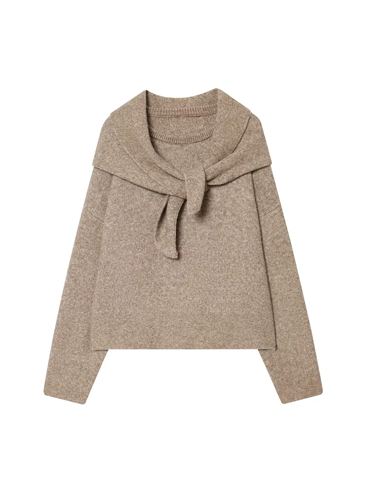 Women's Knitted Pullover 2025 Autumn Winter Casual Style Detachable Scarf Collar Sweater Loose Fit Long Sleeve Knitted Top