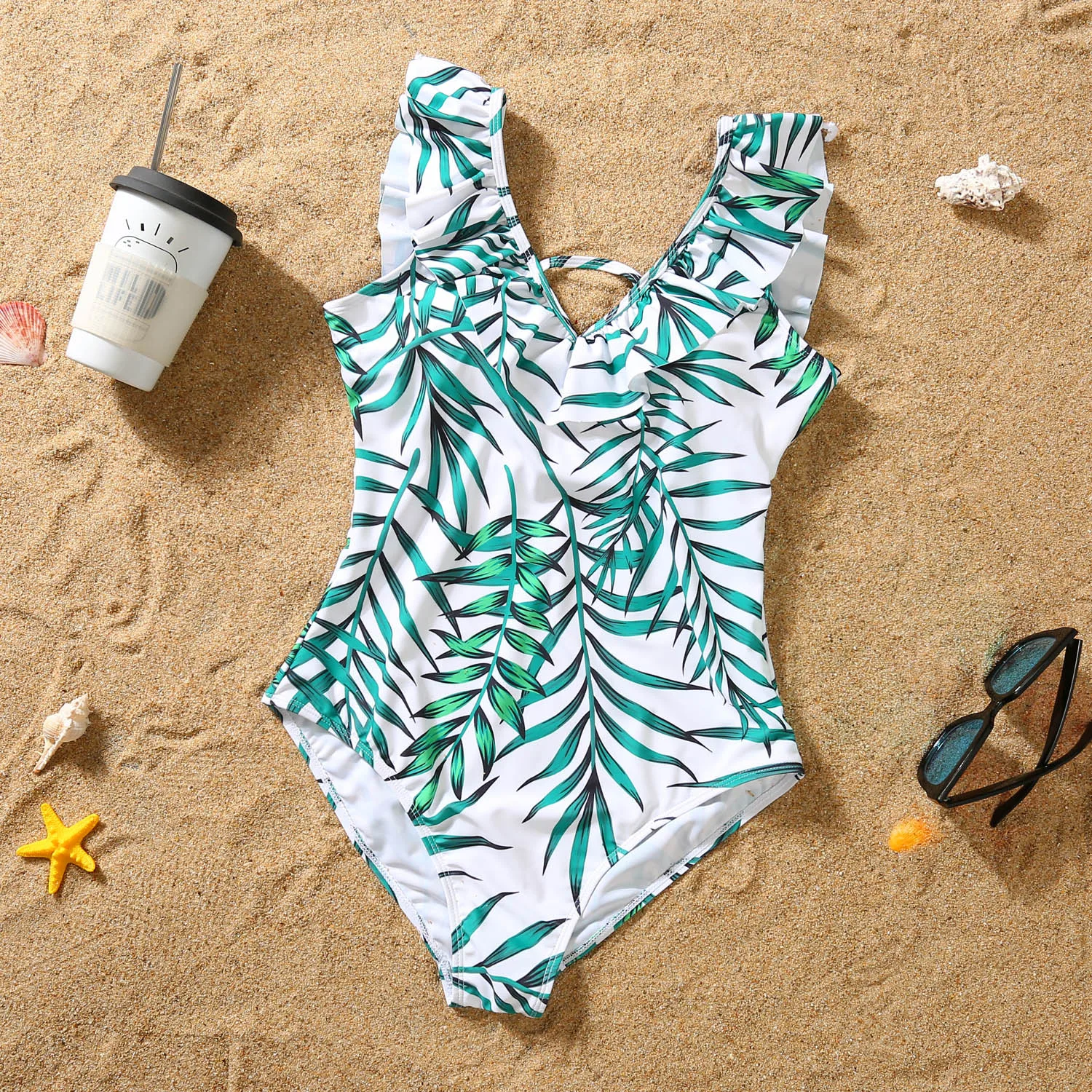 New Family Matching Outfits Leaf Printed Matching Swimsuit Family Look Floral Full Print Multi-color One-piece Matching Swimwear 3
