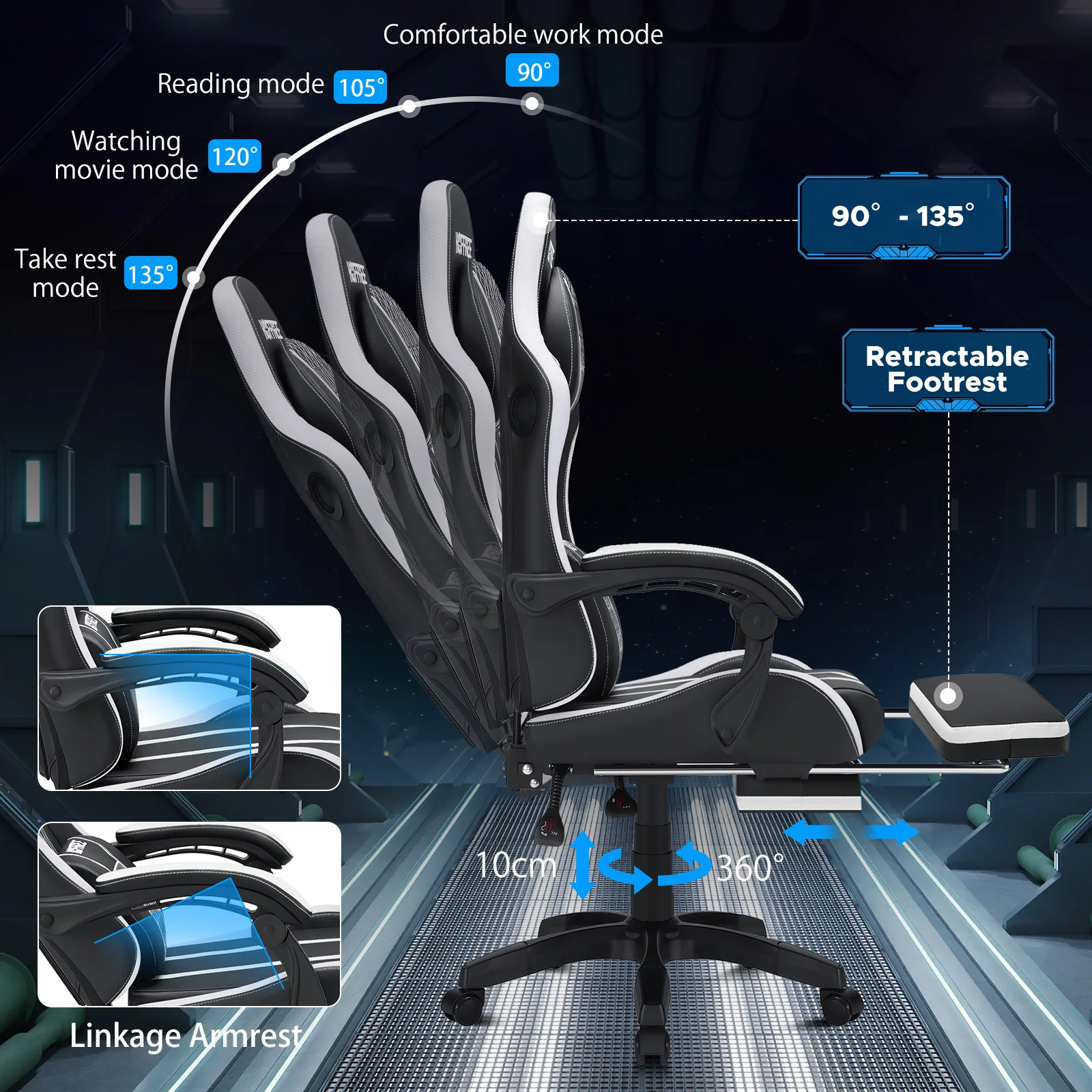 Gaming Chair Bluetooth Speaker Office Chair Ergonomic LED Lights Massage Adjustable Height Armrests Headrest Lumbar Support 6