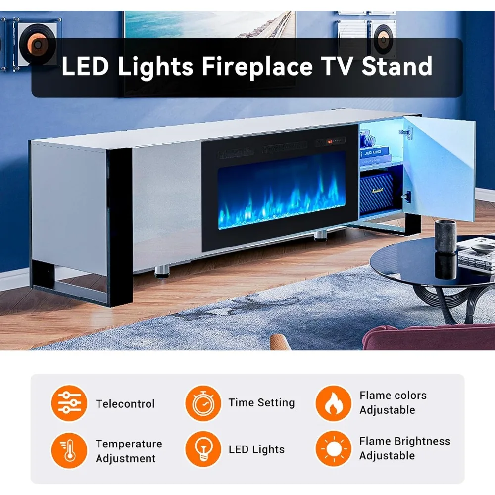 Fireplace TV Stand with 36" Fireplace, 70" Modern Entertainment Center LED Lights,TV Console Cabinet for TVs Up To 80" 4