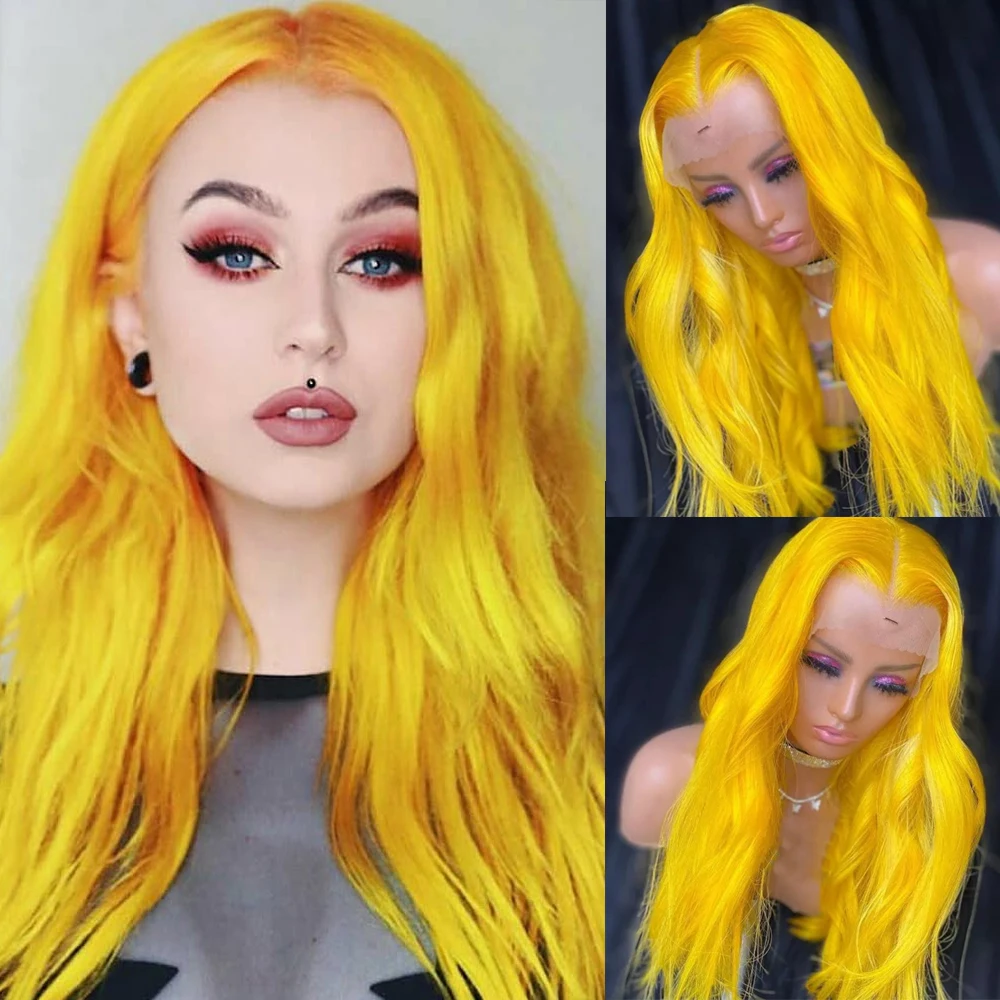 

RONGDUOYI Yellow Color Natural Wave Synthetic Wigs Long Body Wavy Pre Plucked Fiber Lace Front Wig Women Cosplay Makeup Use Hair