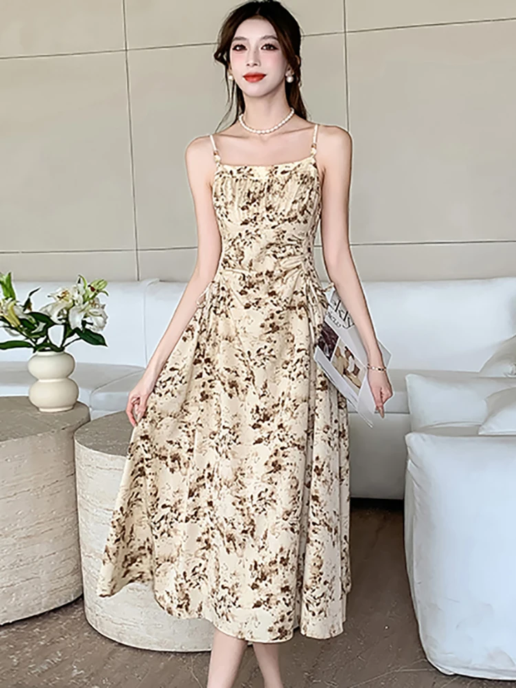 

2024 Boho Floral Elegant Sling Long Dress Gown Women Korean Fashion Bandage Bodycon Dress Summer Vintage Elegant Festival Dress