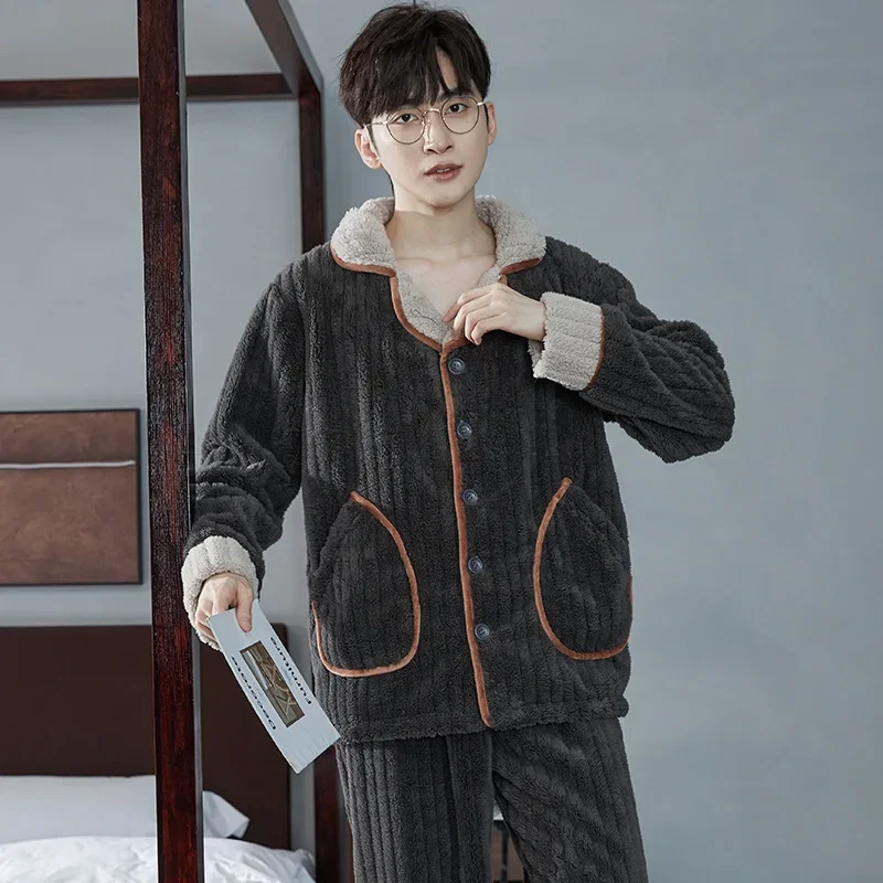 Fashion Design Pajamas Set Men Autumn Winter Flannel Thermal Lapel Coral Fleece Loungewear Suit Male Comfortable Warm Homewear cotton pajamas set