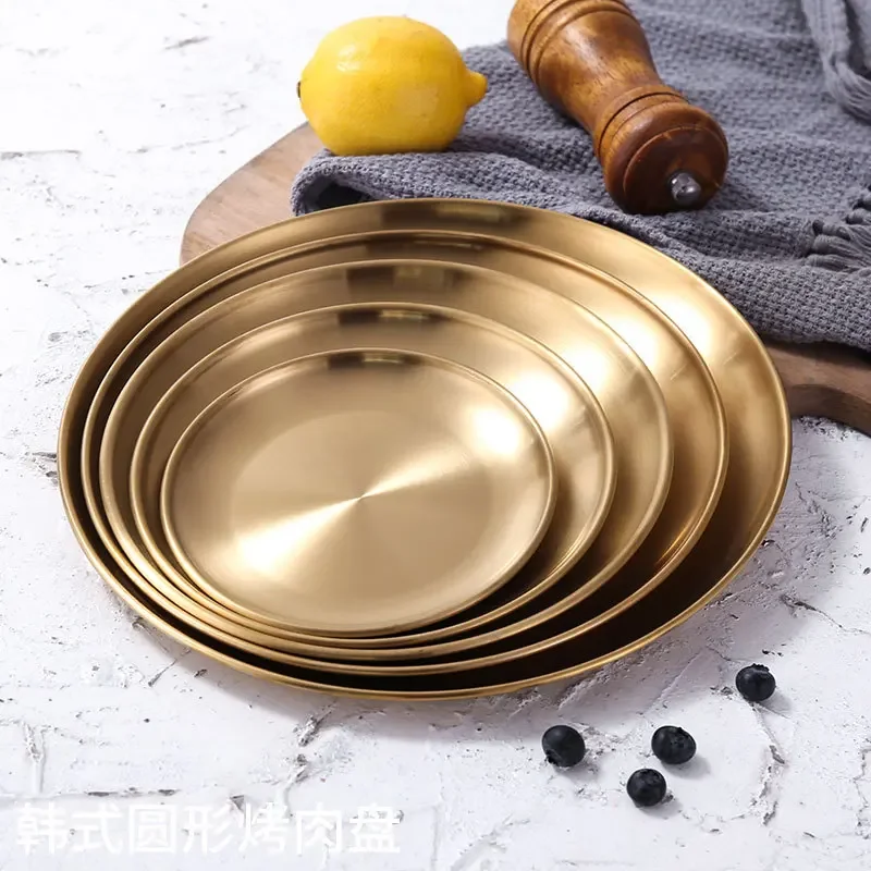 Golden Stainless Steel Storage Tray Luxurious Brass Gold Round Plate Metal Fruit Plate Dessert Snack Jewelry Display Tray storage tray jewelry storage tray