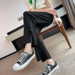 Spring 2023 New Casual Pocket Solid Color Elastic Waist Straight Women Clothing All-match Jag Wide Leg Ladies Simplicity Pants