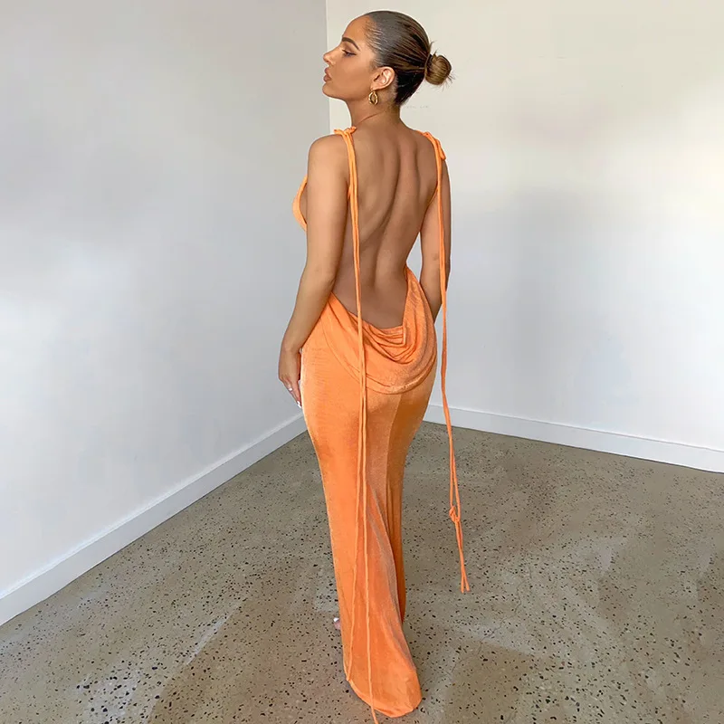

Backless Maxi Long Dress Woman Sexy Even Summer Eleg Orange Blue Bohemian Satin Slip Dresses Party Beach Sundresses 2022 Women