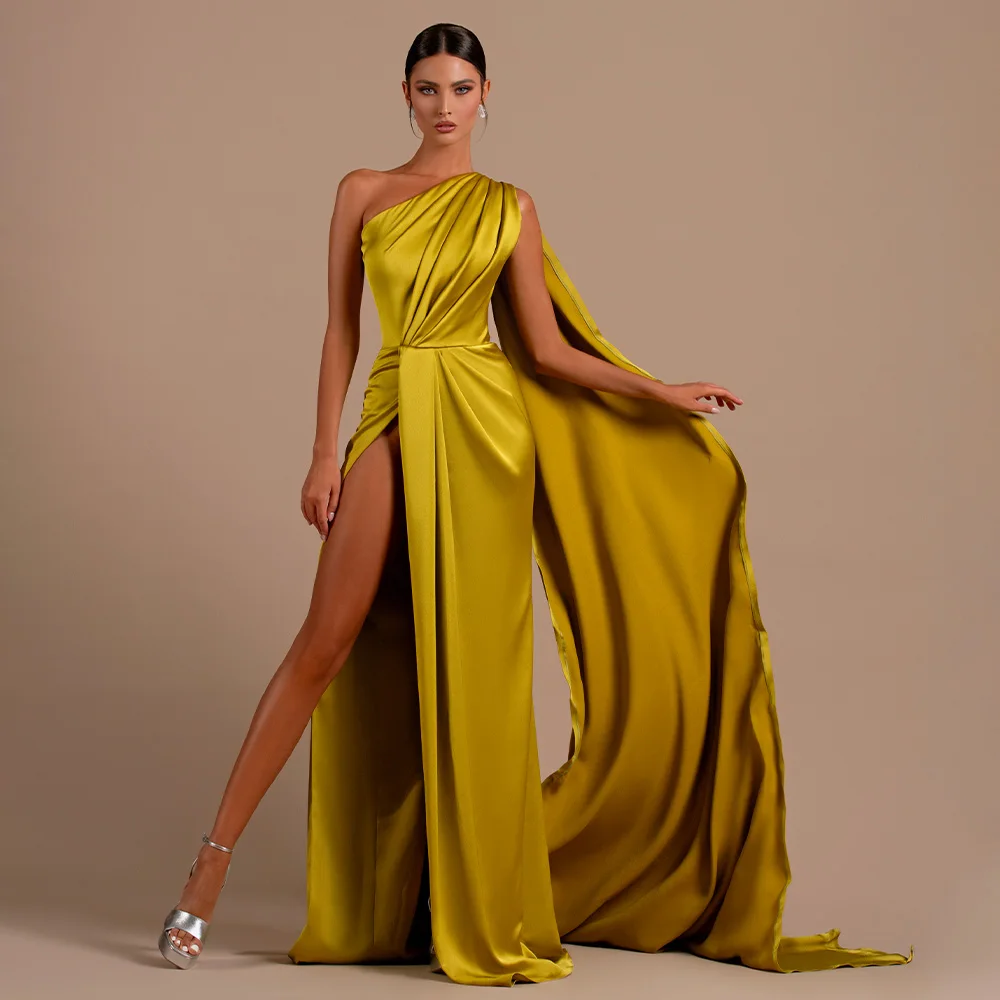 

Gold Satin Evening Dress 2024 One Shoulder Criss-Cross High Split Sexy Evening Gowns for Women Draped Pleat Formal Party Dresses