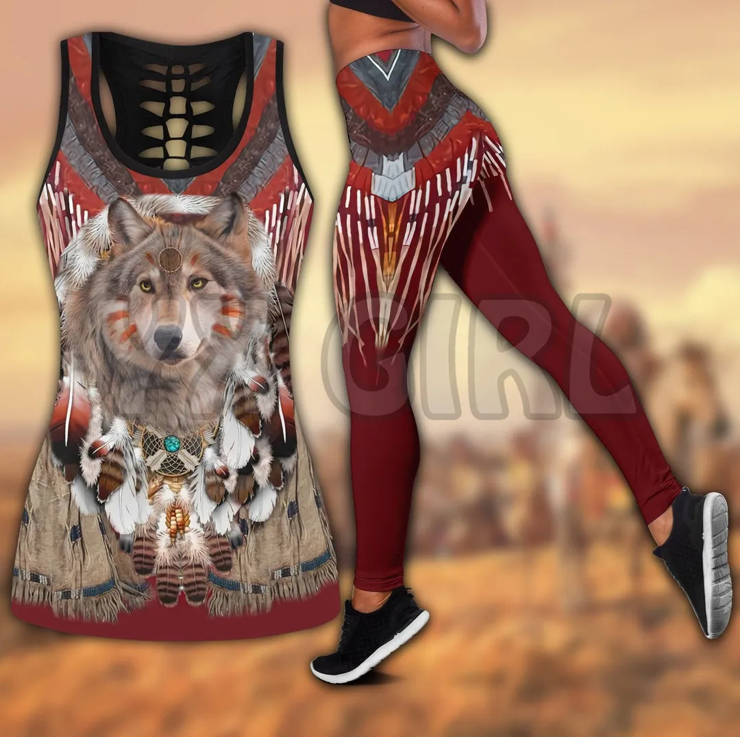 Native Wolf White&Red Pattern 3D Printed Tank Top+Legging Combo Outfit Yoga Fitness Legging Women neither settler nor native