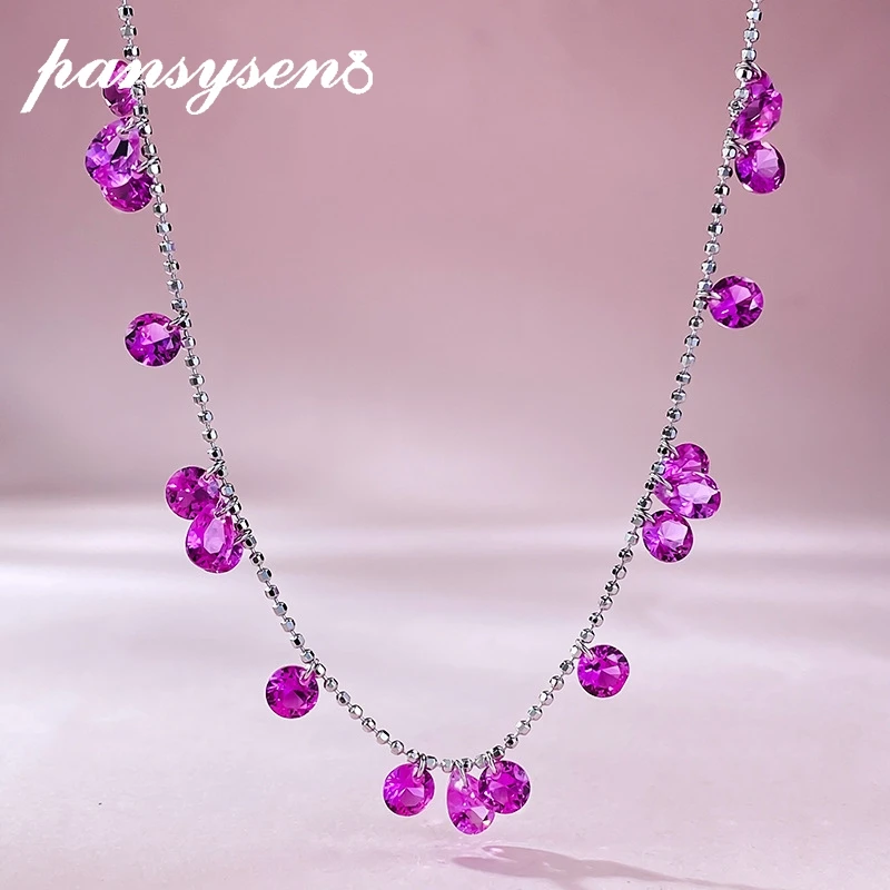 

PANSYSEN Romantic 925 Sterling Silver Pink Sapphire Gemstone Tassel Pendant Necklace for Women Fine Jewelry Wedding Party Gift