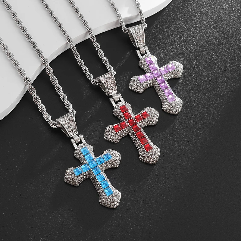 

Exquisite Luxurious Crystal Zircon Cross Pendant Religious Amulet Necklace Women Hip Hop Rock Party Jewelry Gift