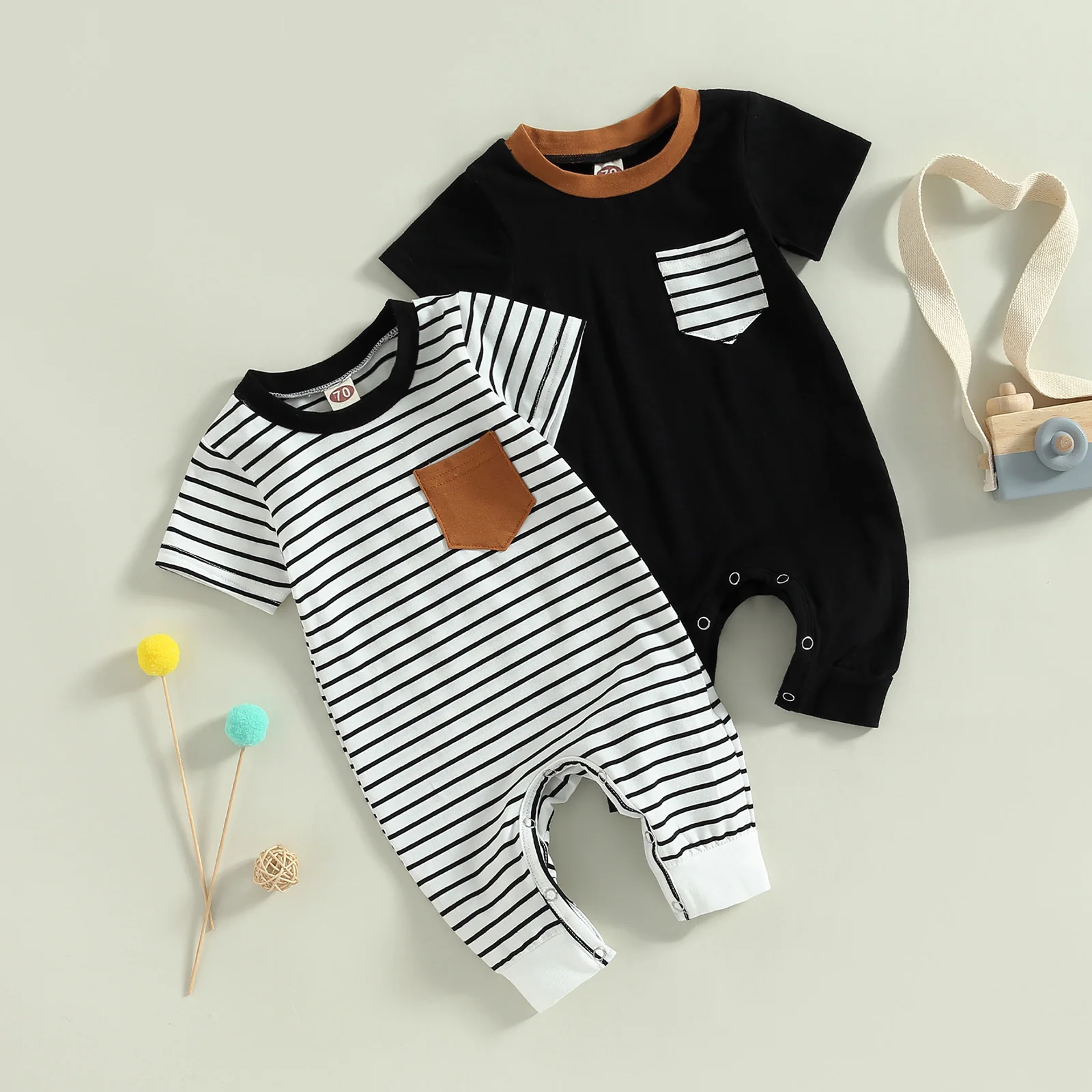 pudcoco Infant Newborn Baby Boys Summer Jumpsuit Casual Round Neck Contrast Color Short Sleeve Romper 0-18M 1